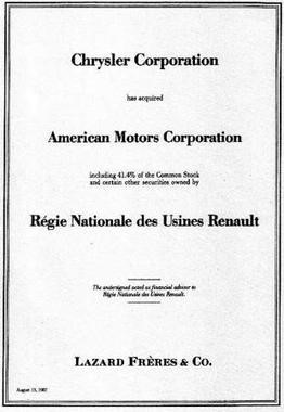 Chrysler Corporation acquires American Motors Corporation