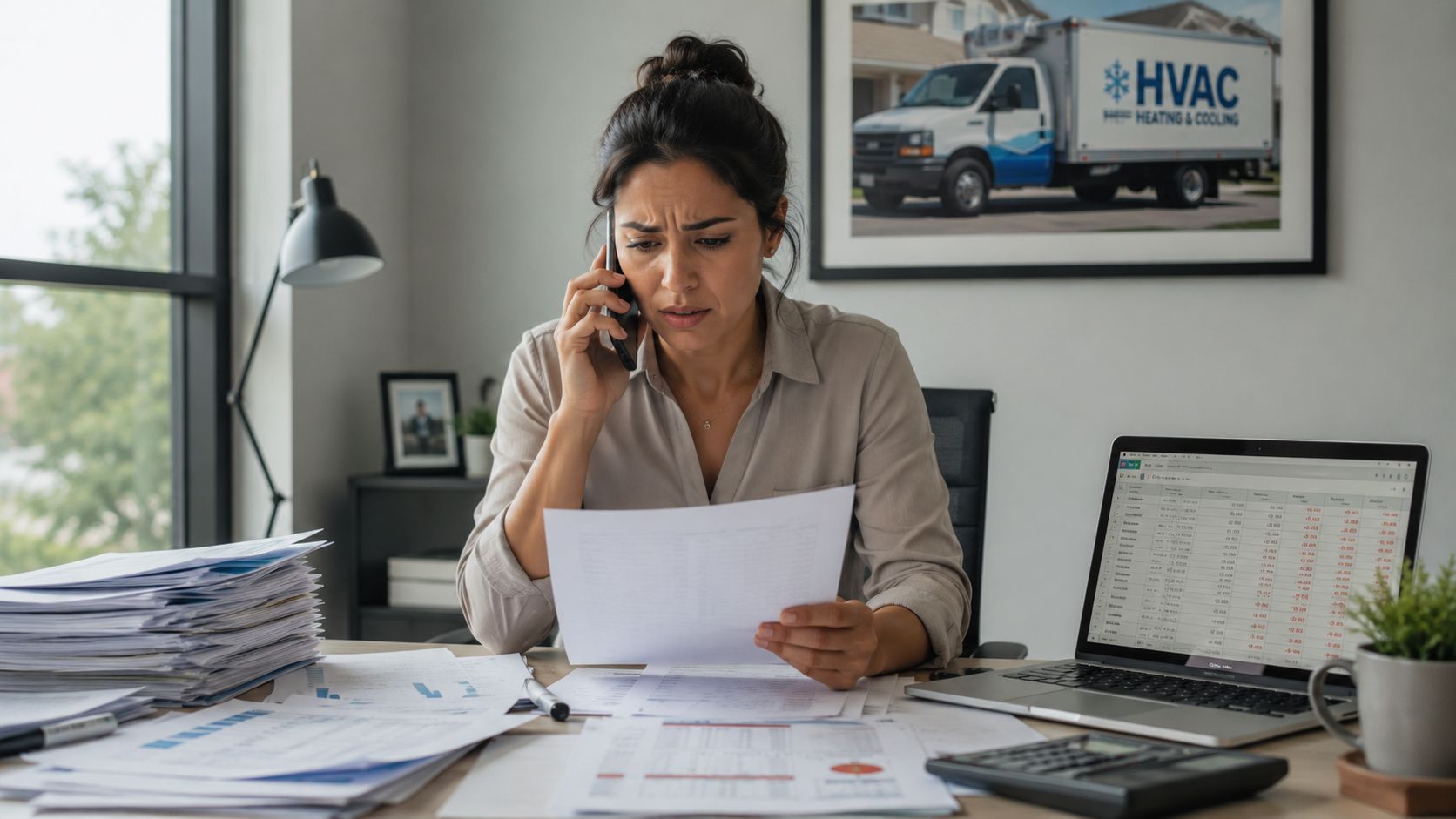 A concerned woman looks at paperwork while talking on her phone at a cluttered office desk.