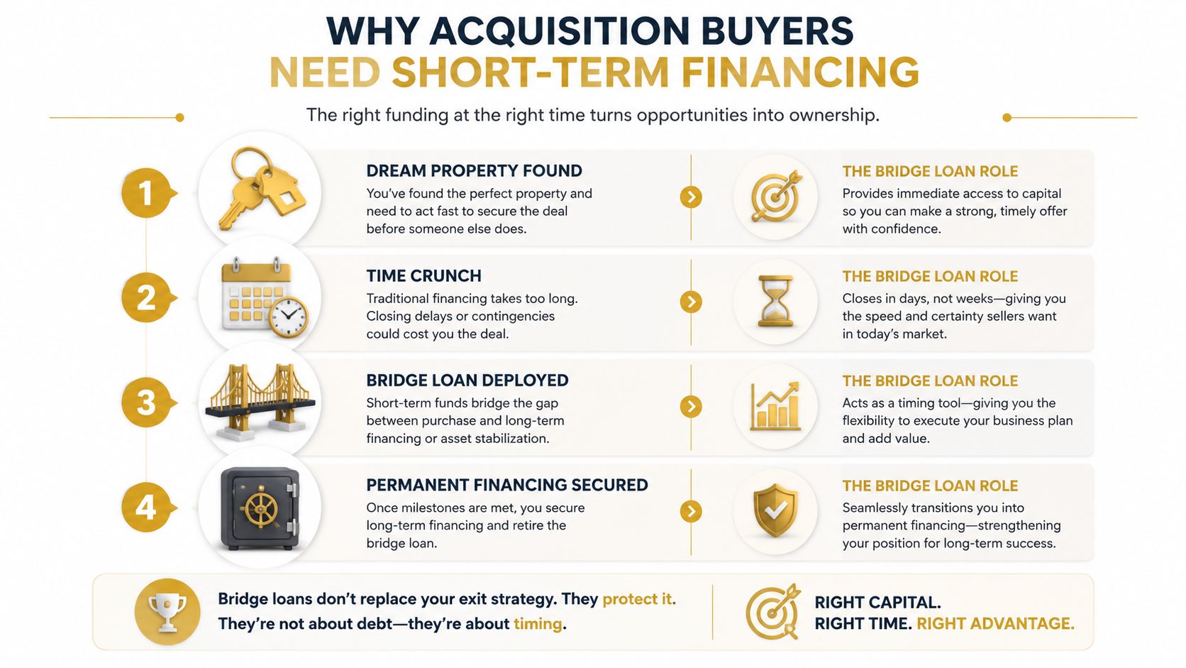 An infographic explaining why acquisition buyers need short-term bridge loans to secure property deals quickly.