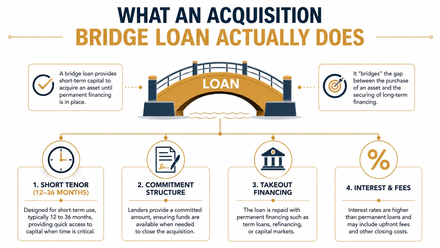 An infographic explaining how acquisition bridge loans function, including their short-term nature and purpose in commercial financing.