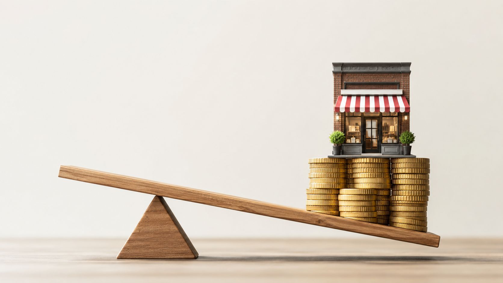 A miniature retail store sits on a tall stack of gold coins balancing on a wooden seesaw.