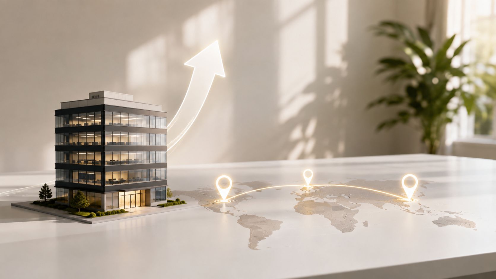 A miniature modern office building sits next to a world map with glowing location markers and arrows.
