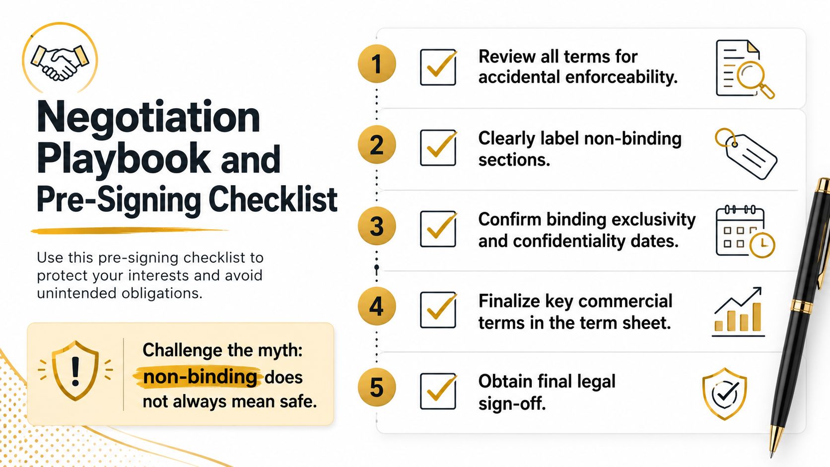 A negotiation playbook and pre-signing checklist detailing five essential steps for reviewing legal documents and agreements.