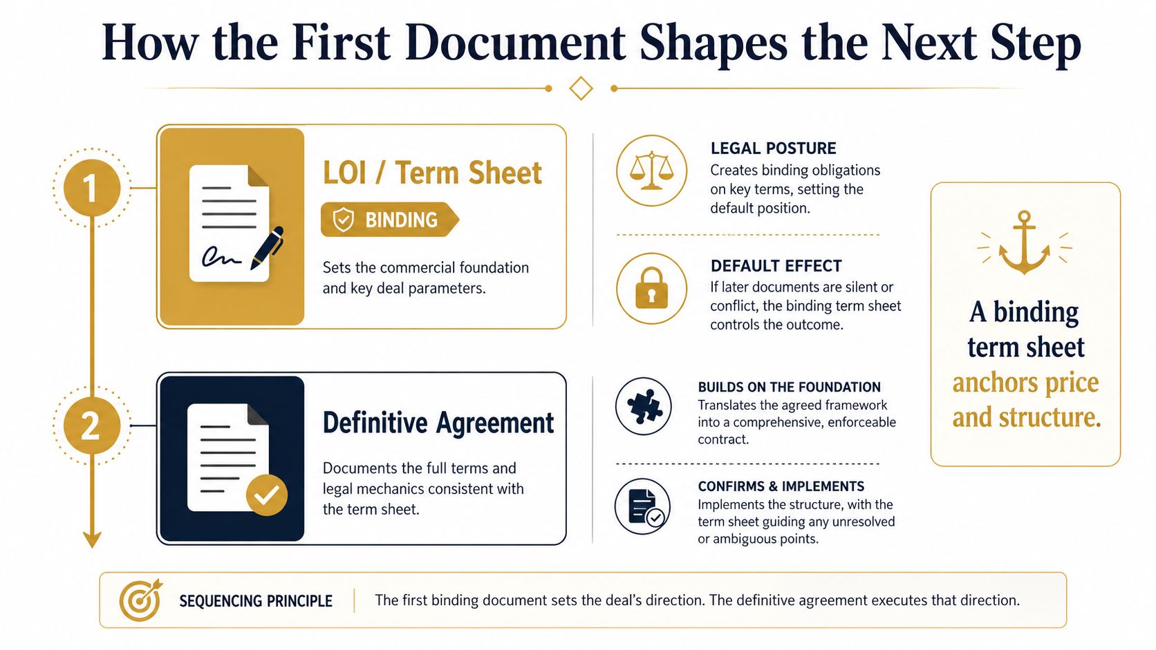 A diagram illustrating the progression from a binding term sheet to a formal definitive agreement in business.