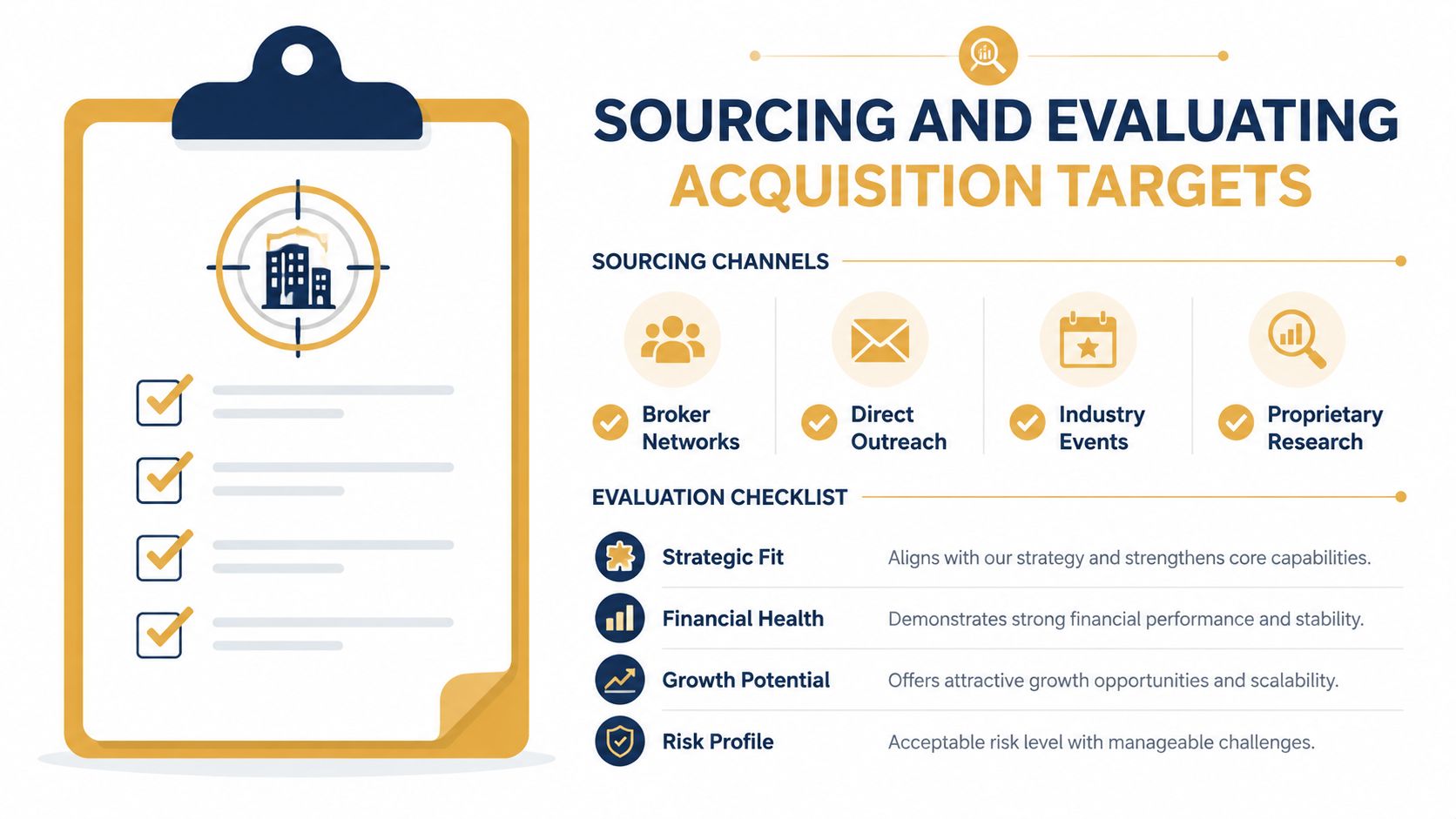 An infographic outlining the sourcing channels and evaluation checklist for identifying potential business acquisition targets.