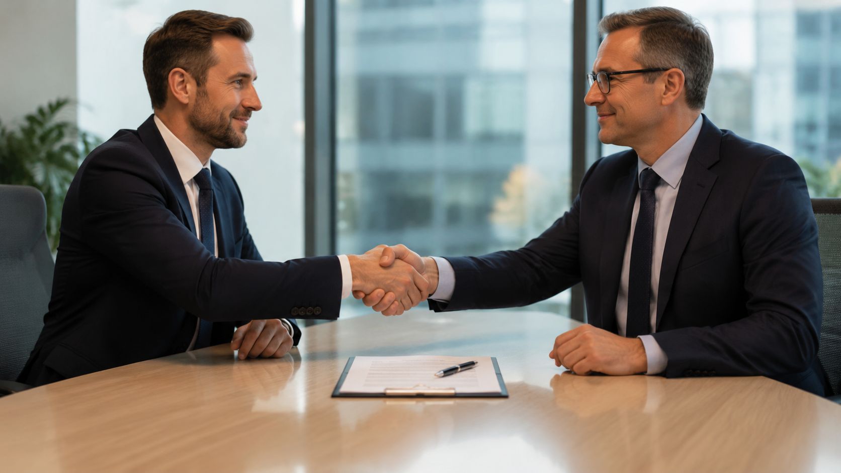 Two professional businessmen in suits shaking hands across a desk after signing a business agreement in office.