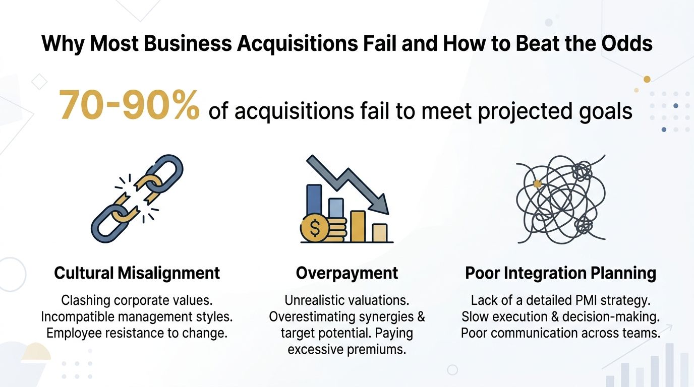 An infographic illustrating three main reasons why most business acquisitions fail to achieve their projected financial goals.