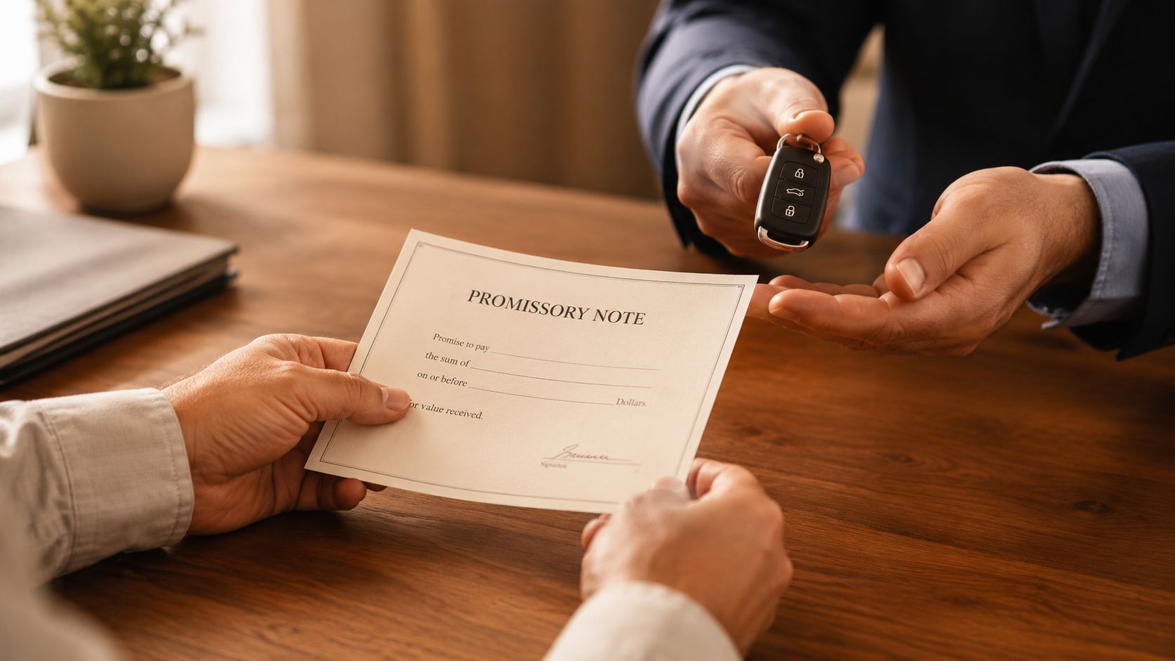 A businessman handing over car keys to a person holding a signed promissory note document.
