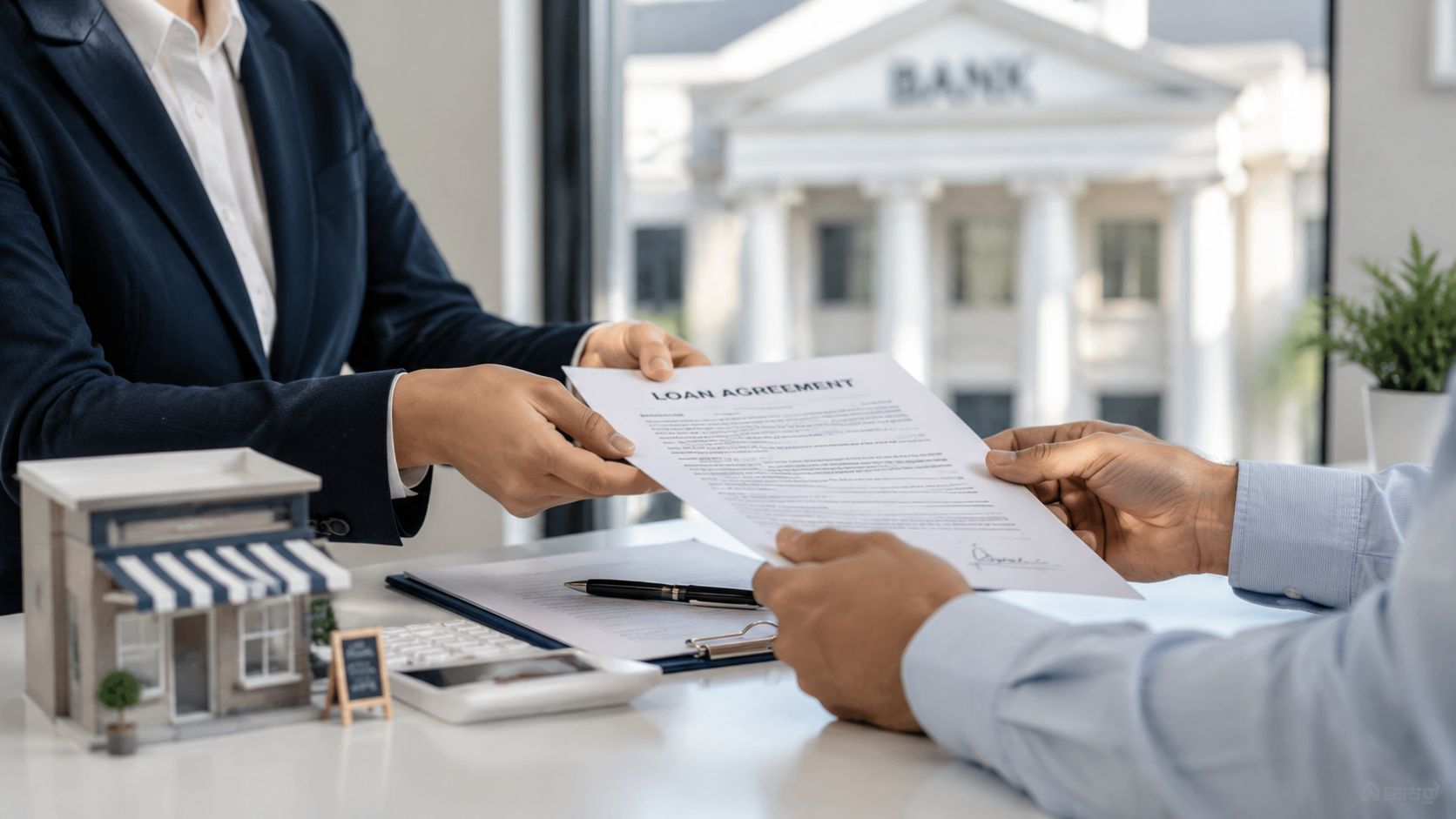 A professional banker hands a loan agreement document to a client across an office desk