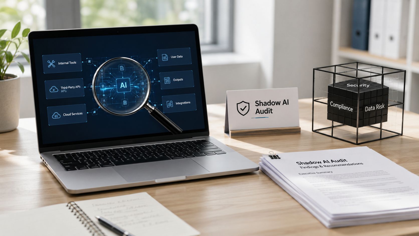A laptop displaying an AI audit diagram next to paperwork on a wooden office desk environment.
