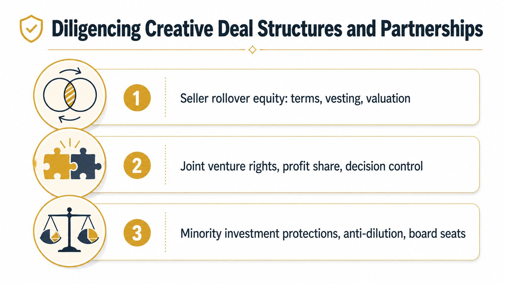 A graphic outlining three key components of due diligence for creative deal structures and business partnerships.