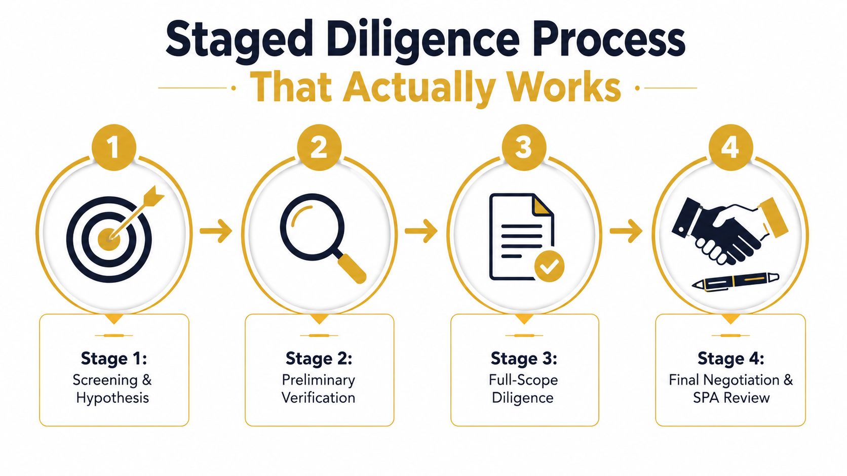 A four-stage due diligence process chart for private equity illustrating sequential steps from screening to final negotiation.