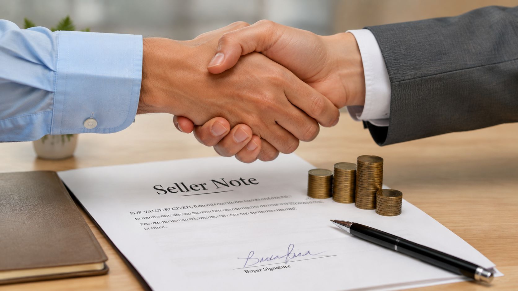 Two business professionals shaking hands over a seller note document with stacked coins on a wooden desk.