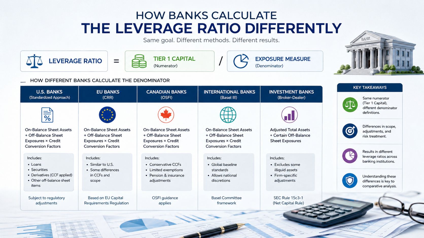 An infographic illustrating how different global banking sectors calculate the leverage ratio using varying denominators.