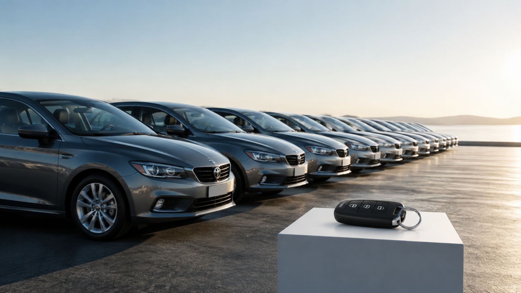 A car key fob sits on a white pedestal in front of a row of parked cars.
