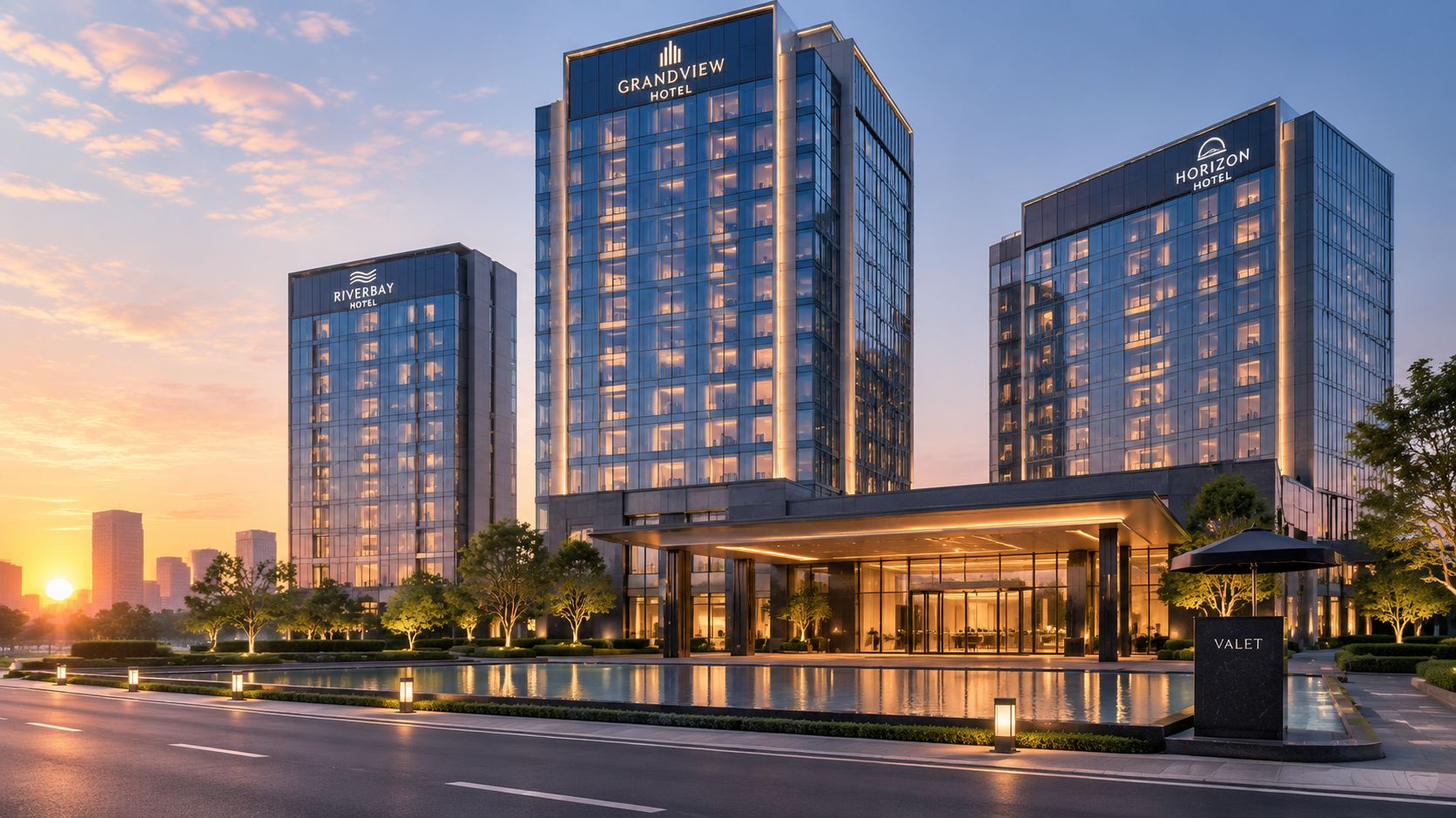 Three modern glass hotel towers at sunrise with a reflection pond and a valet stand sign.
