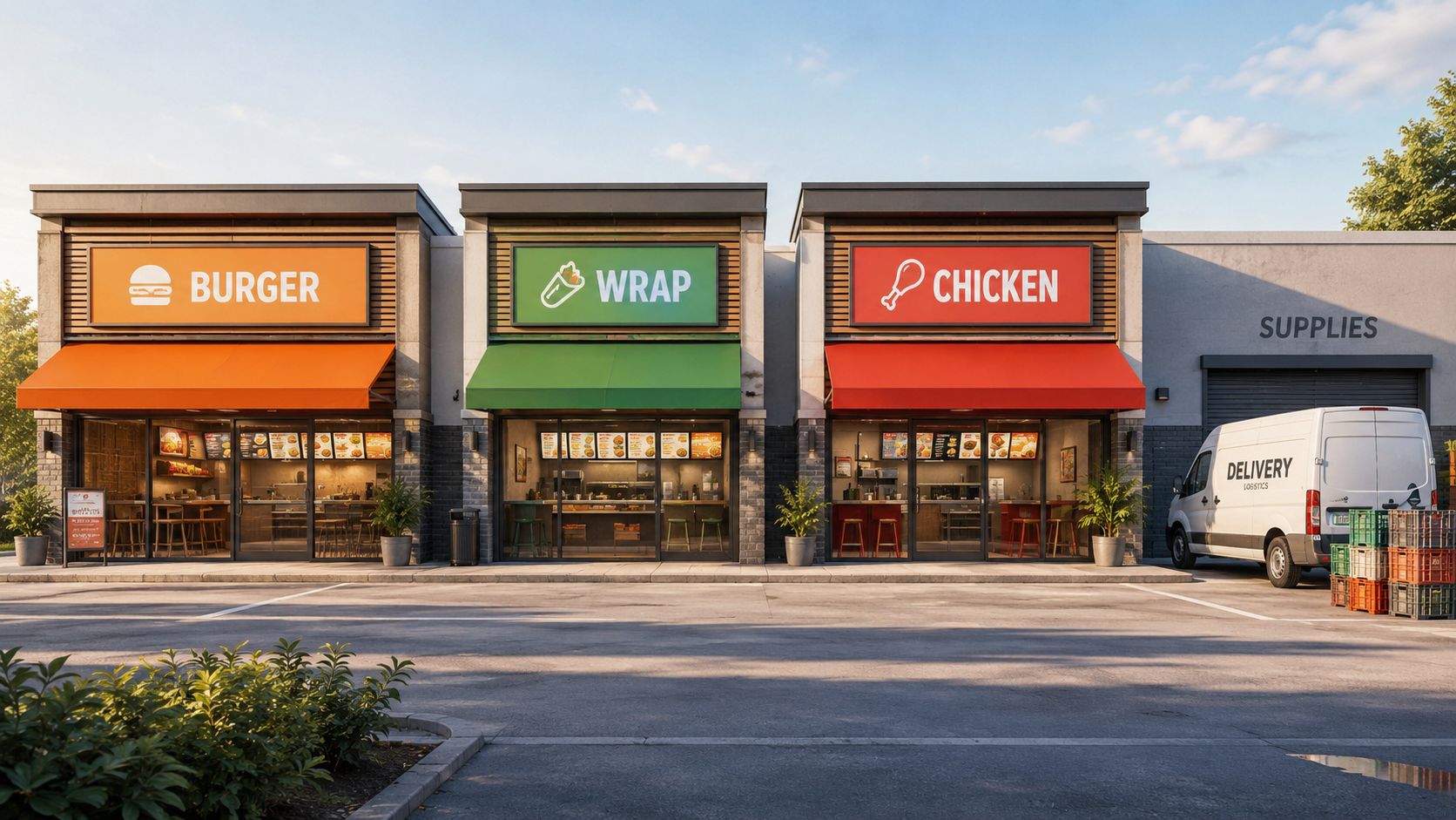 A modern outdoor strip mall features three storefronts for Burger, Wrap, and Chicken with a delivery van nearby.