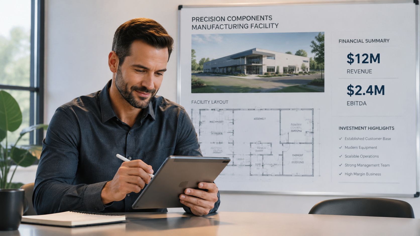 A professional man reviewing manufacturing facility business plans on his tablet while sitting at an office desk.
