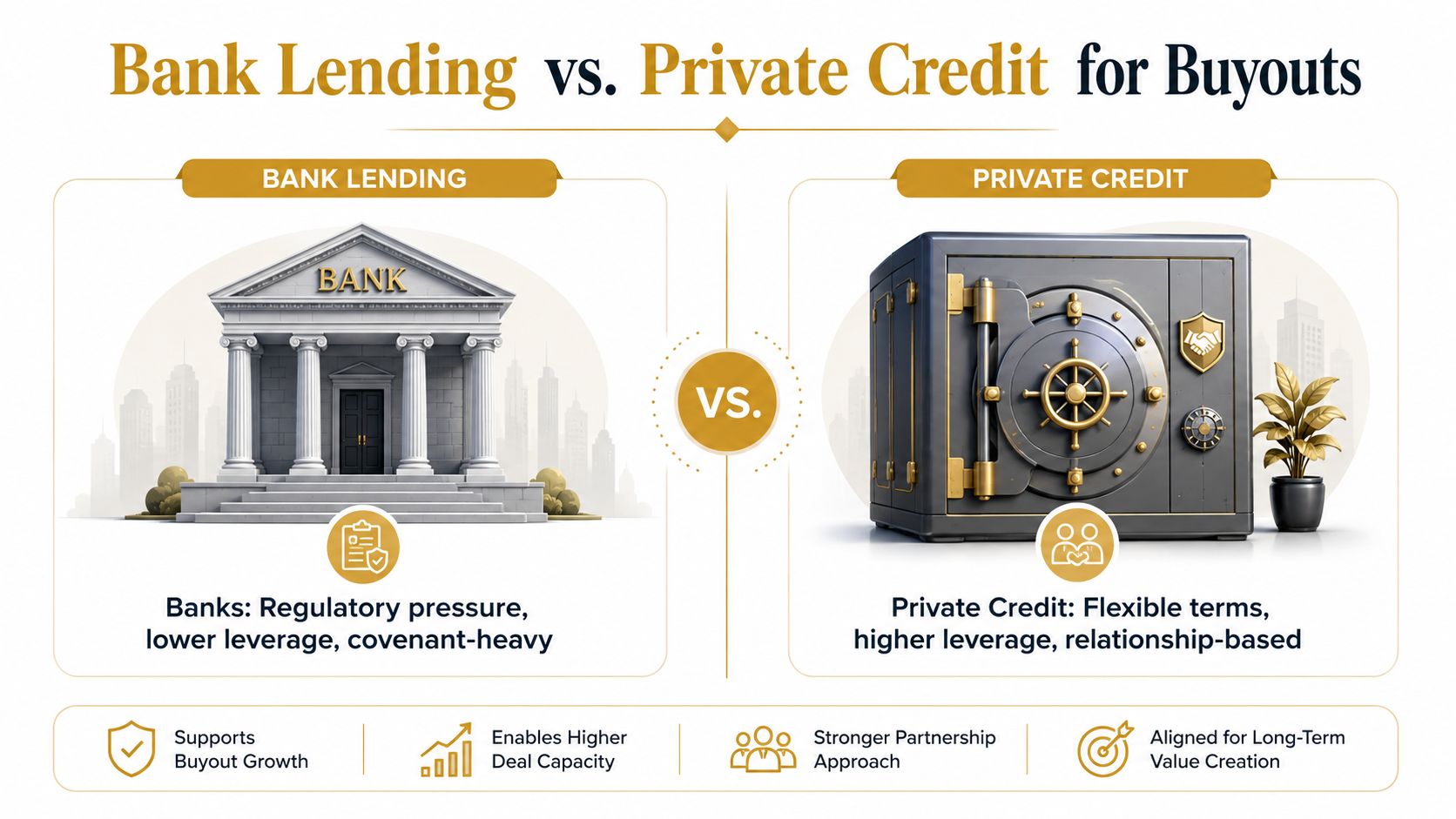 A comparison infographic between bank lending and private credit for financing leveraged buyouts.
