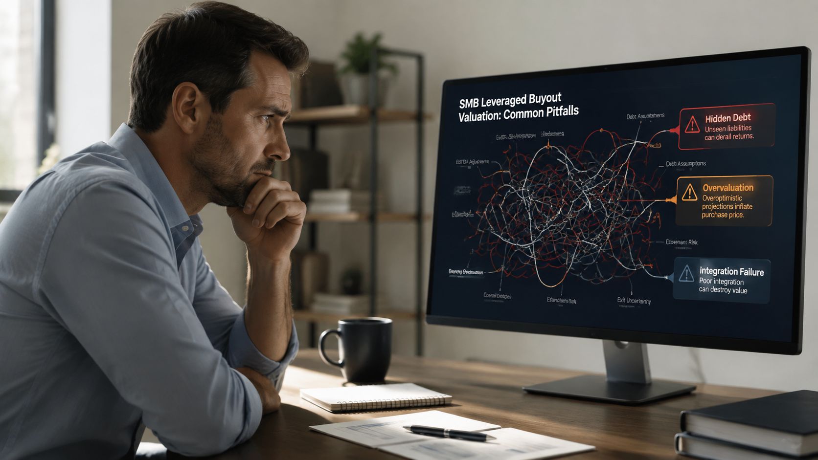 A professional man studying a digital screen displaying a complex SMB leveraged buyout valuation pitfall analysis chart.