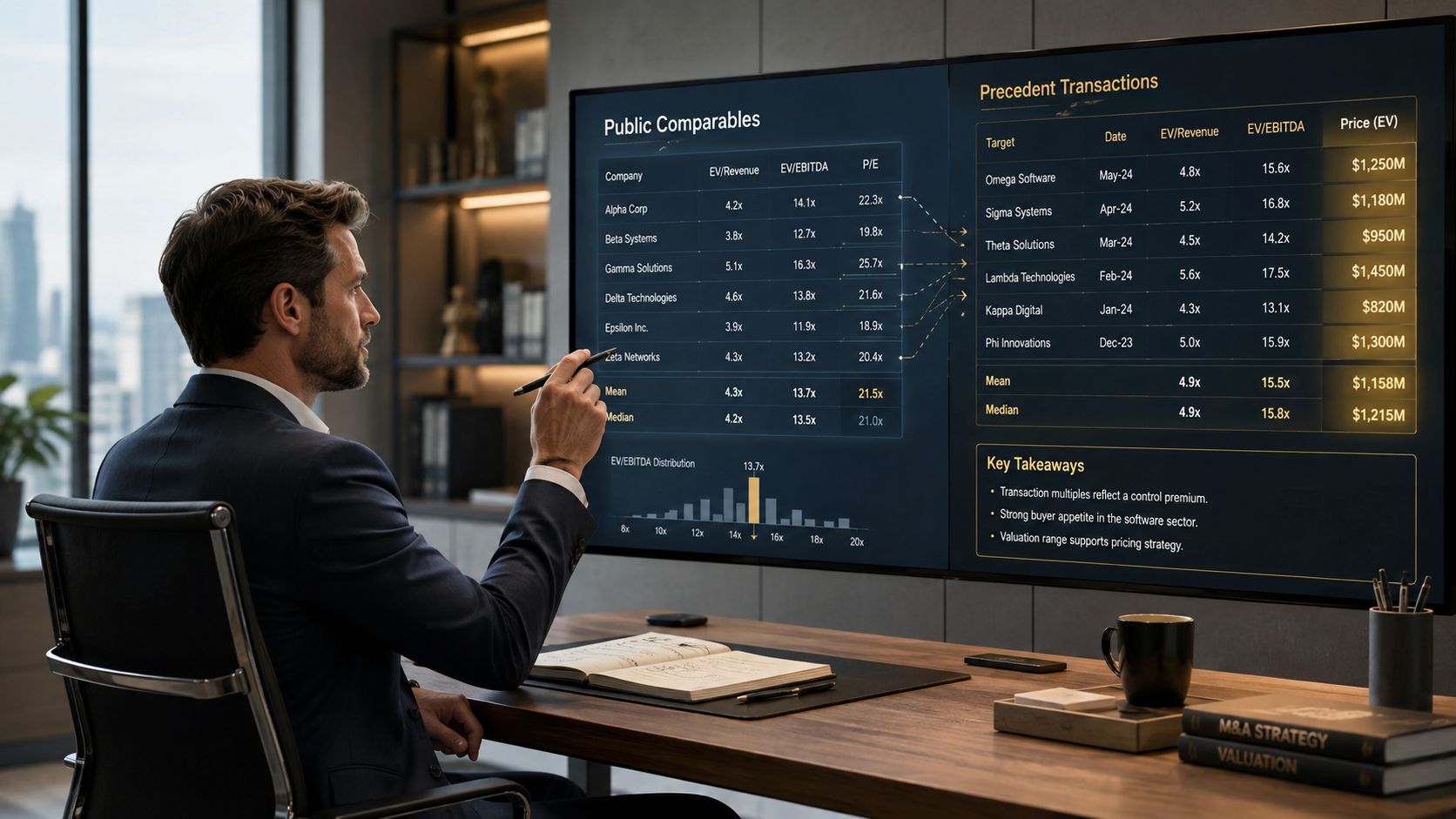 A professional analyst reviewing financial valuation metrics for mergers and acquisitions on a large screen monitor.