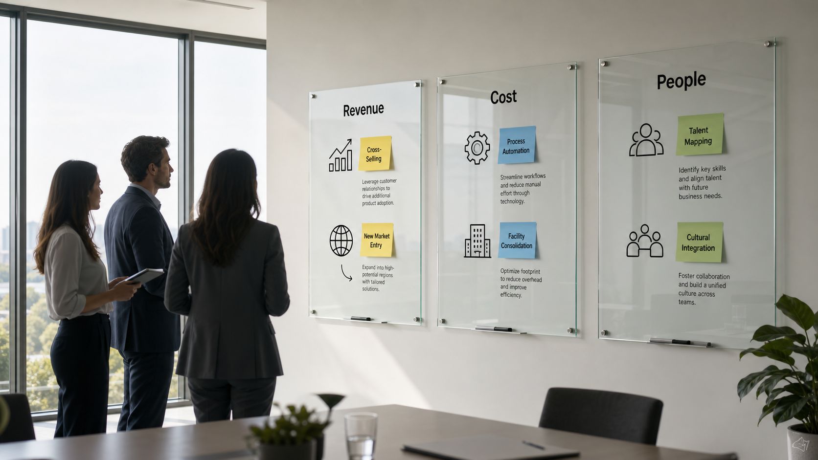 A diverse business team stands in a modern office looking at wall-mounted glass boards outlining an integration plan.