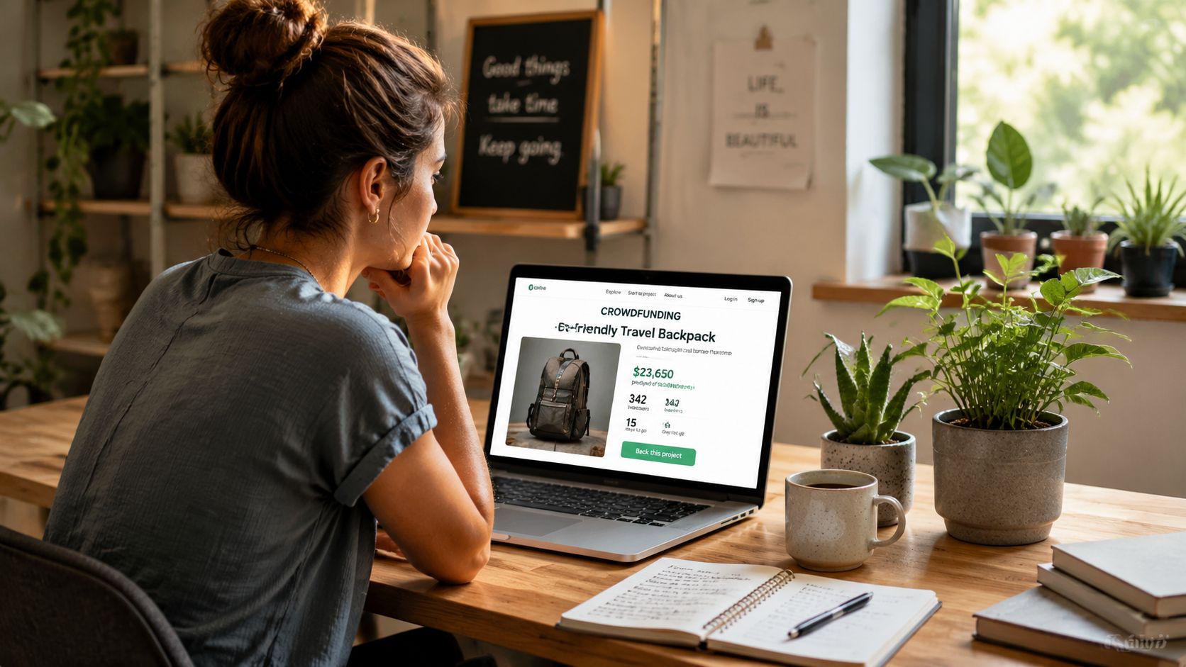 A woman sits at a wooden desk viewing a crowdfunding page for a travel backpack on her laptop.
