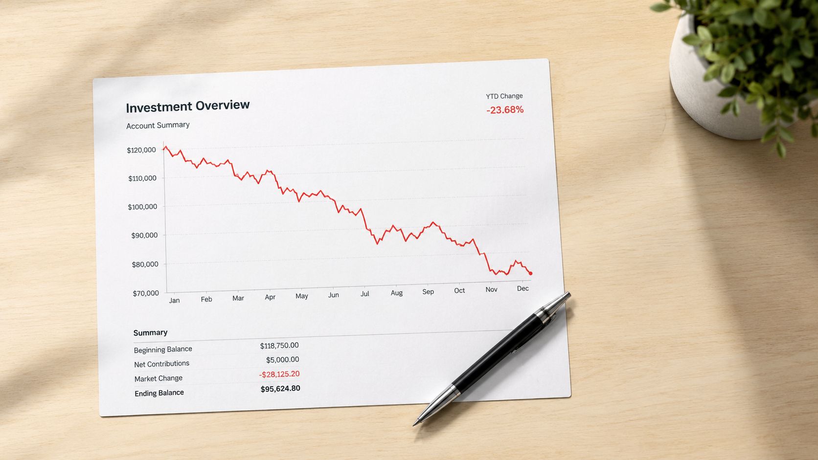 A document on a desk showing an investment overview graph with a significant negative annual trend.