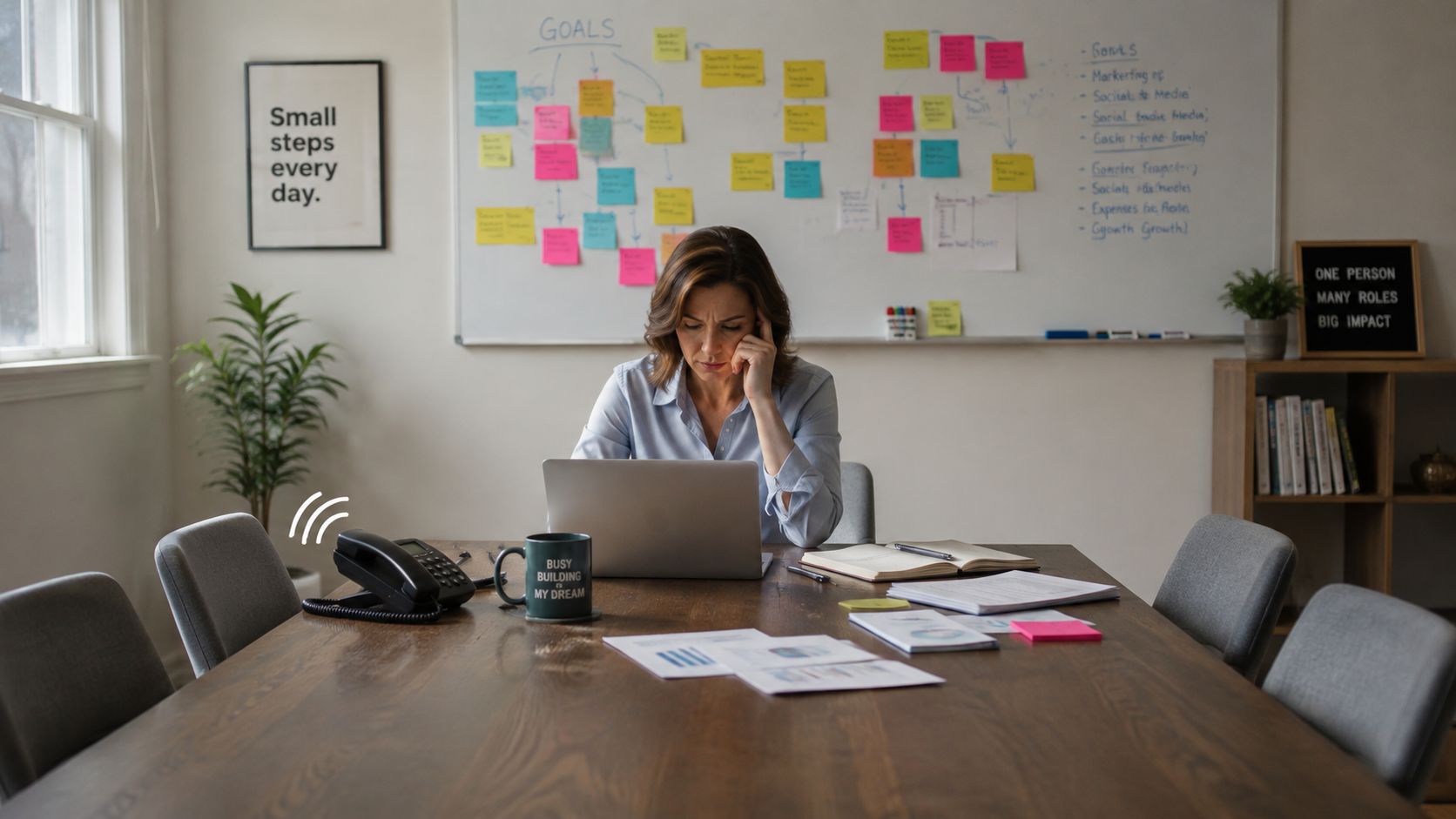 A professional woman working on a laptop at a table in a bright office environment.