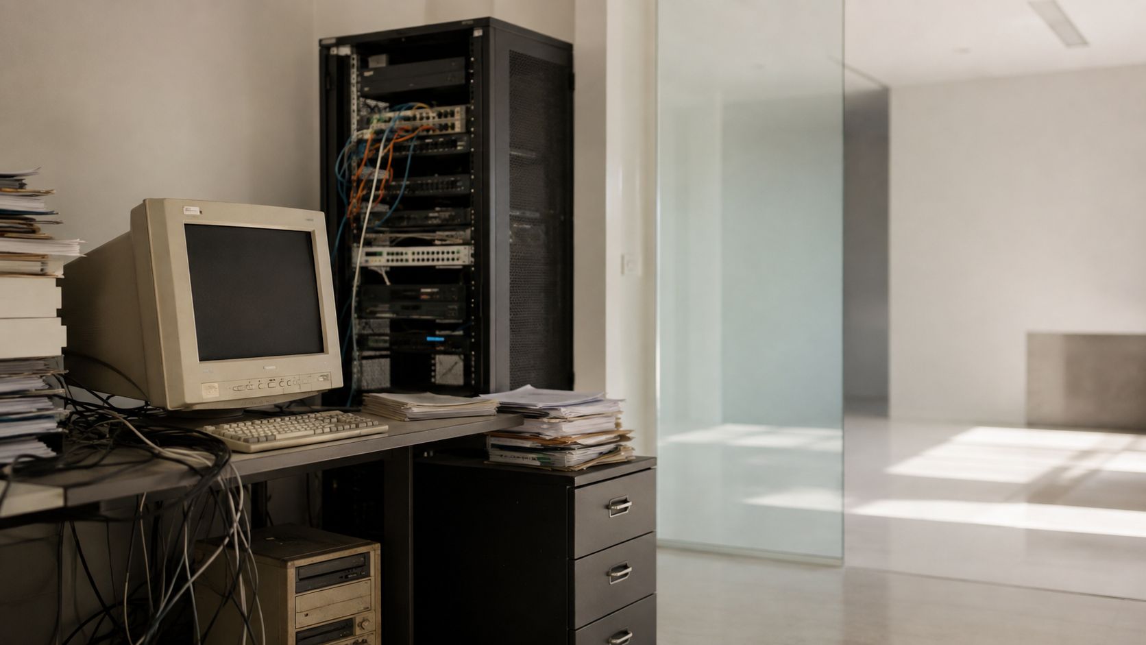 An outdated desktop computer and server rack sitting in an office workspace filled with document stacks.