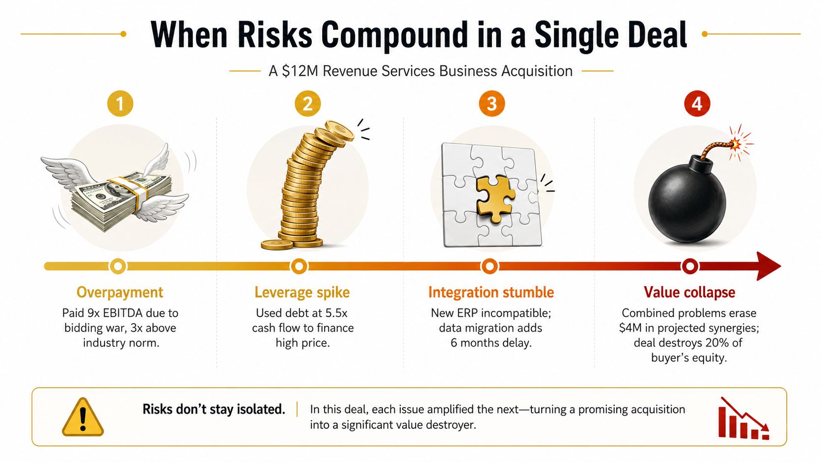 An infographic illustrating how compounding risks, including overpayment and integration failures, lead to acquisition value collapse.