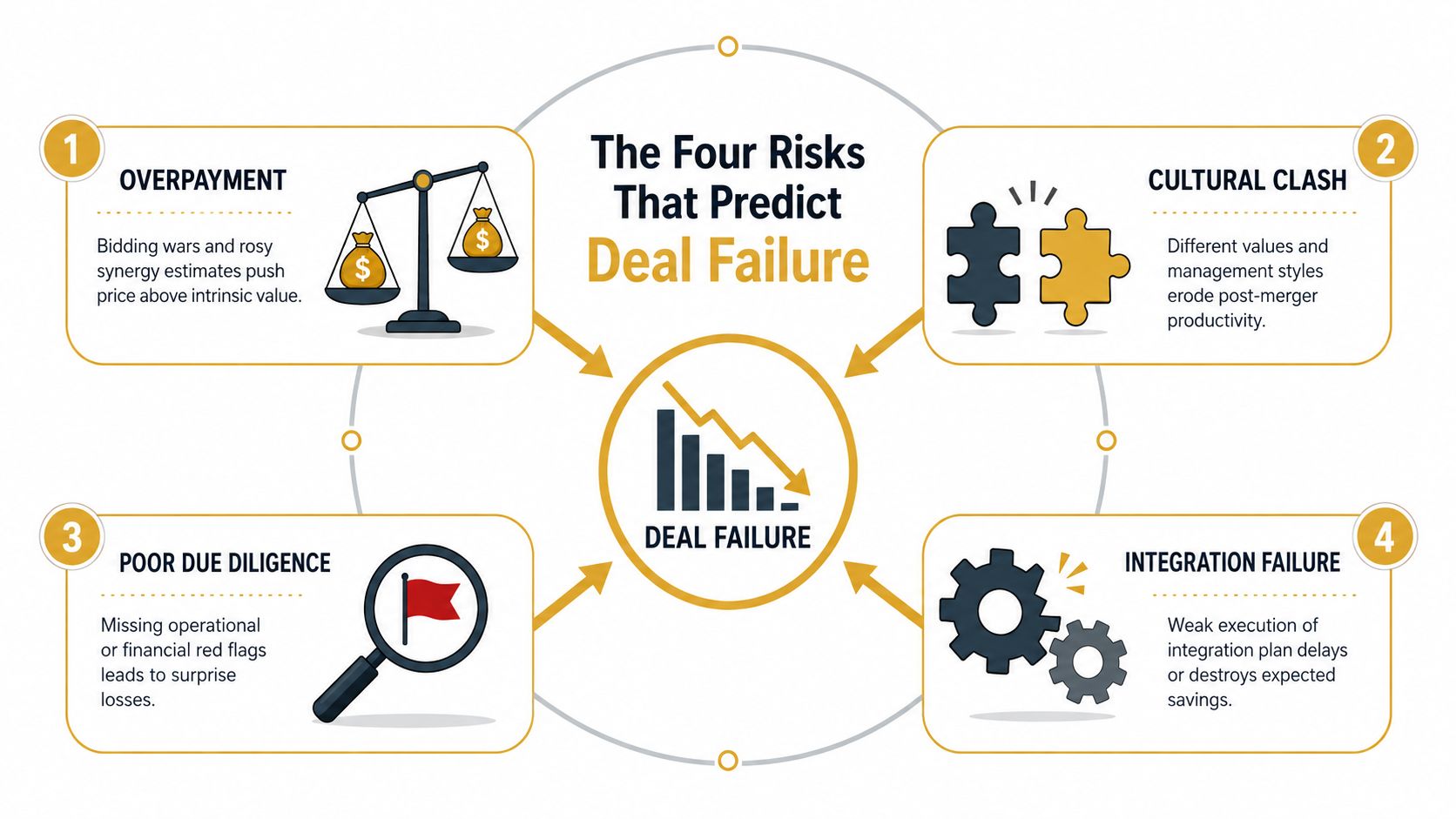 A diagram illustrating the four common business risks that predict merger and acquisition deal failure.