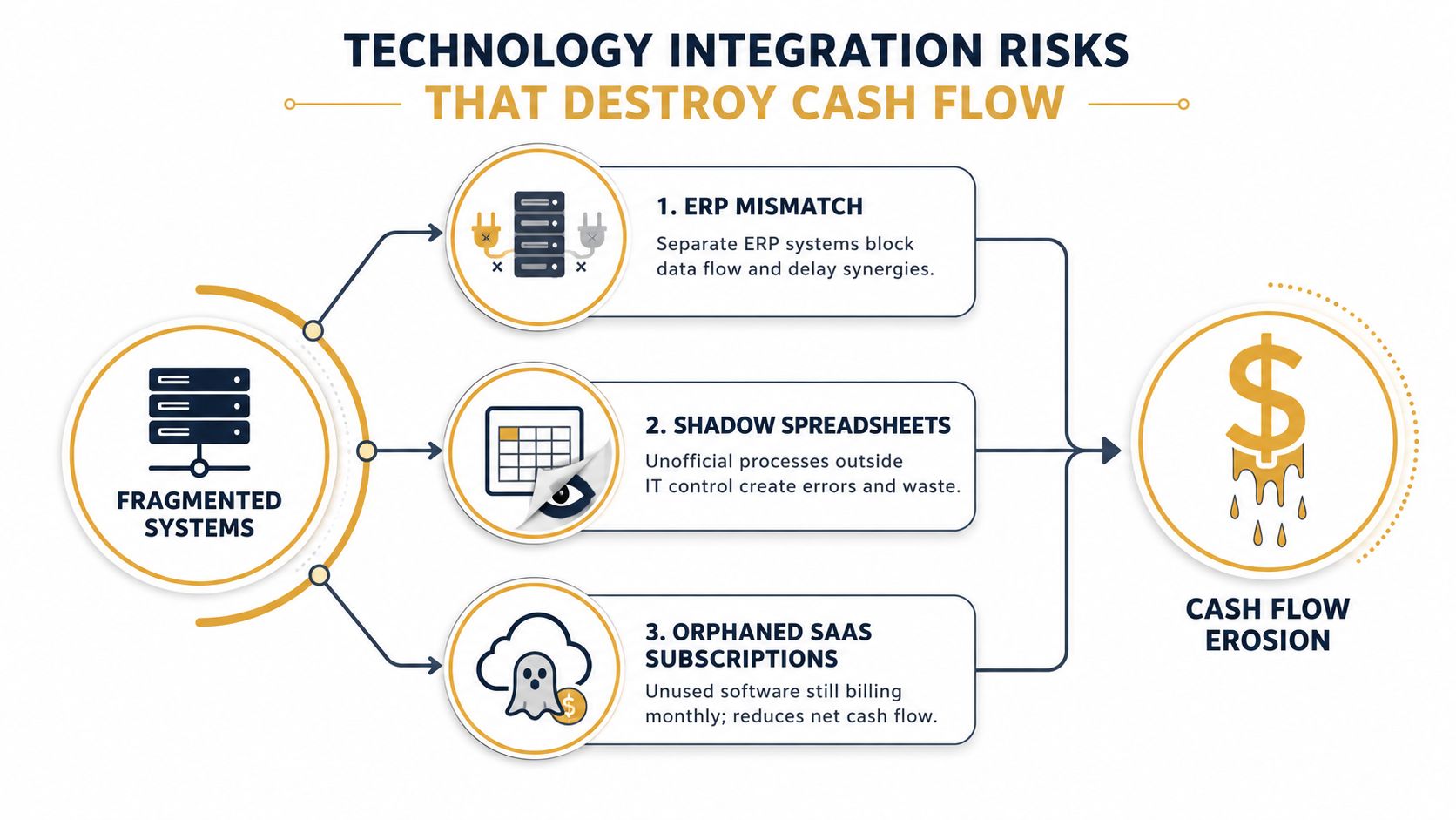 A diagram illustrating how technology integration risks like ERP mismatch and shadow spreadsheets cause business cash flow erosion.