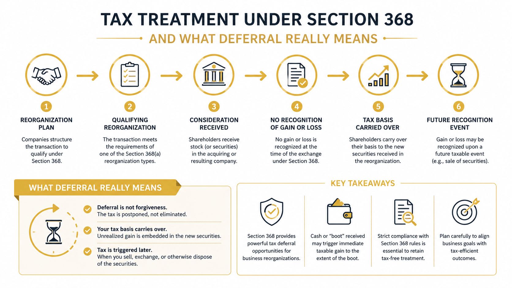 A flowchart explaining tax deferral for Section 368 corporate reorganizations and their impact on stock taxation.