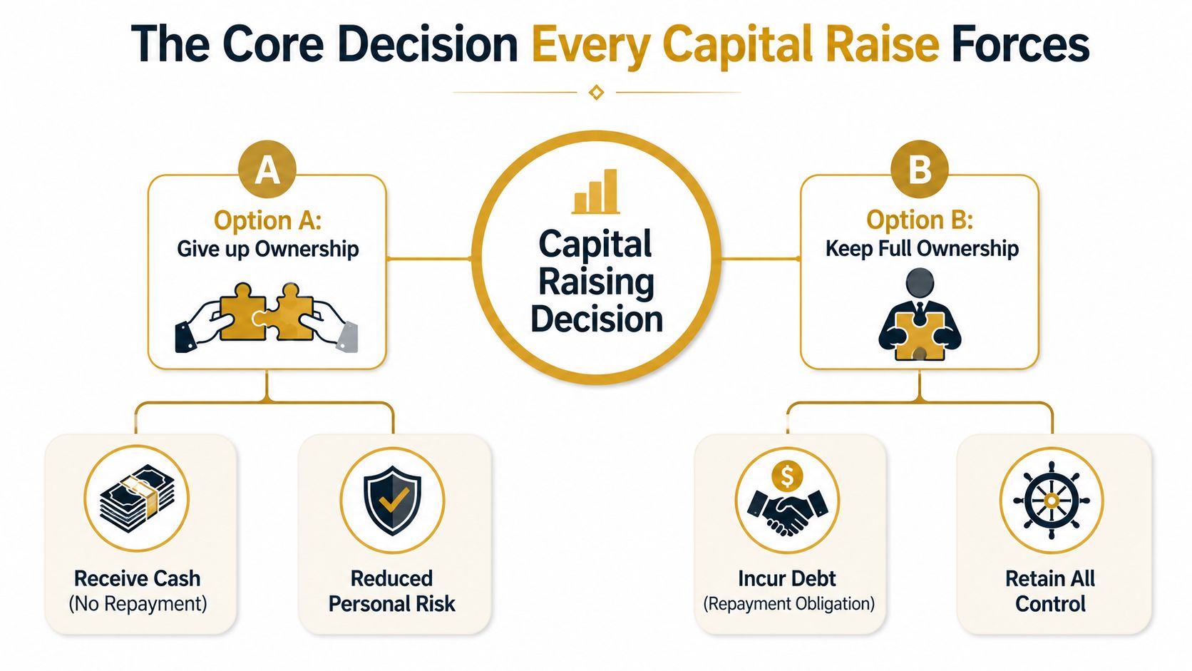 A diagram comparing Option A, giving up ownership, and Option B, keeping full ownership for capital raising.