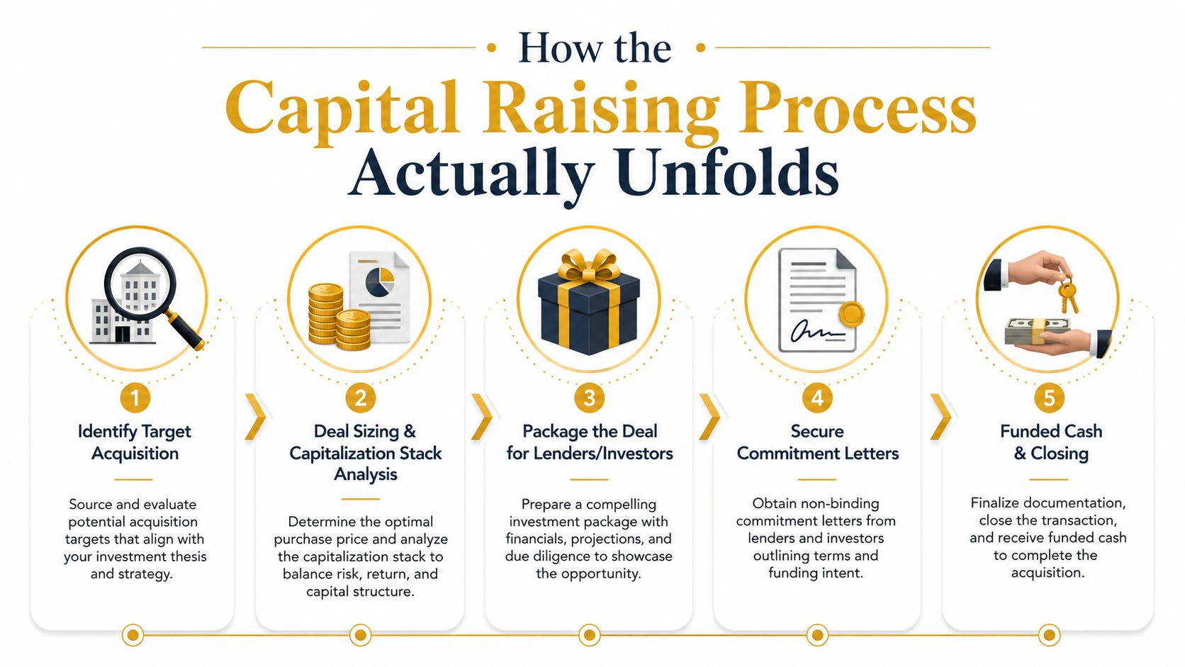 A five-step infographic showing the business capital raising process from identifying acquisition targets to final transaction closing.