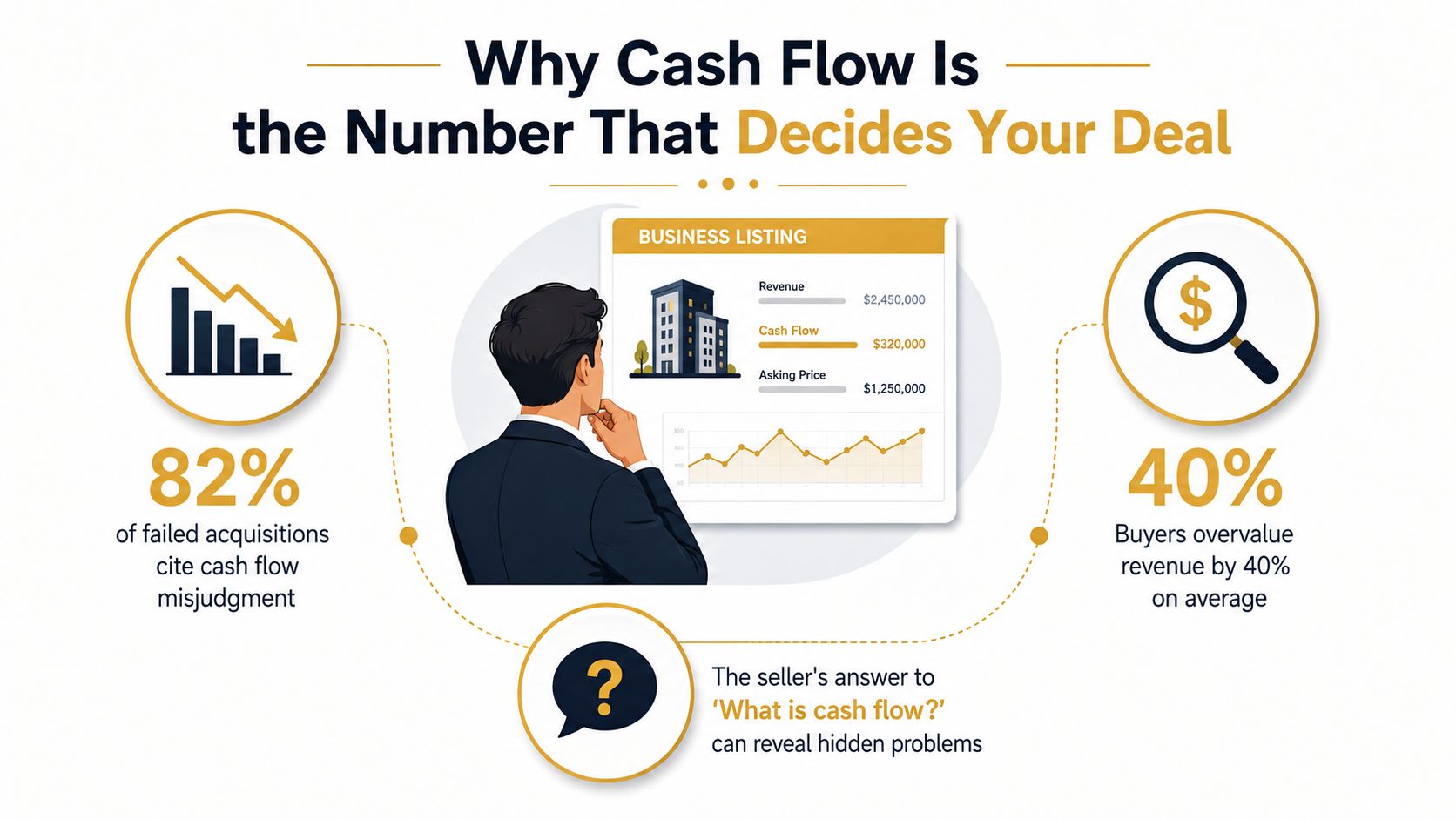 An infographic illustrating why cash flow analysis is critical when buying a business to avoid costly acquisition mistakes.
