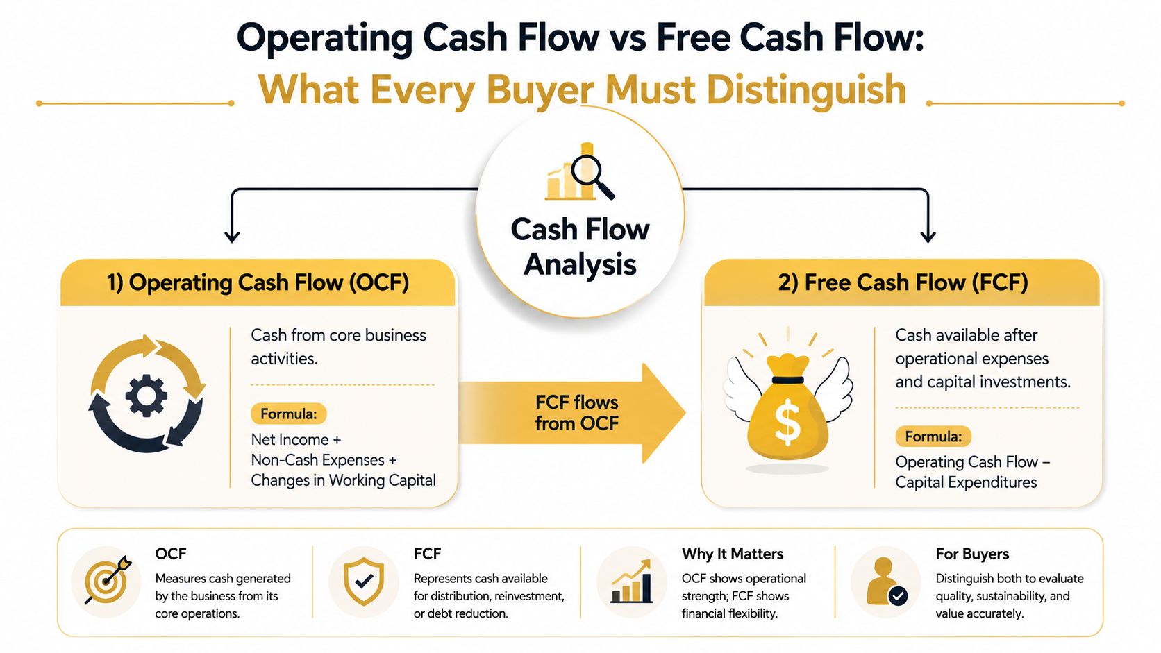 An educational infographic explaining the difference between Operating Cash Flow and Free Cash Flow for business buyers.