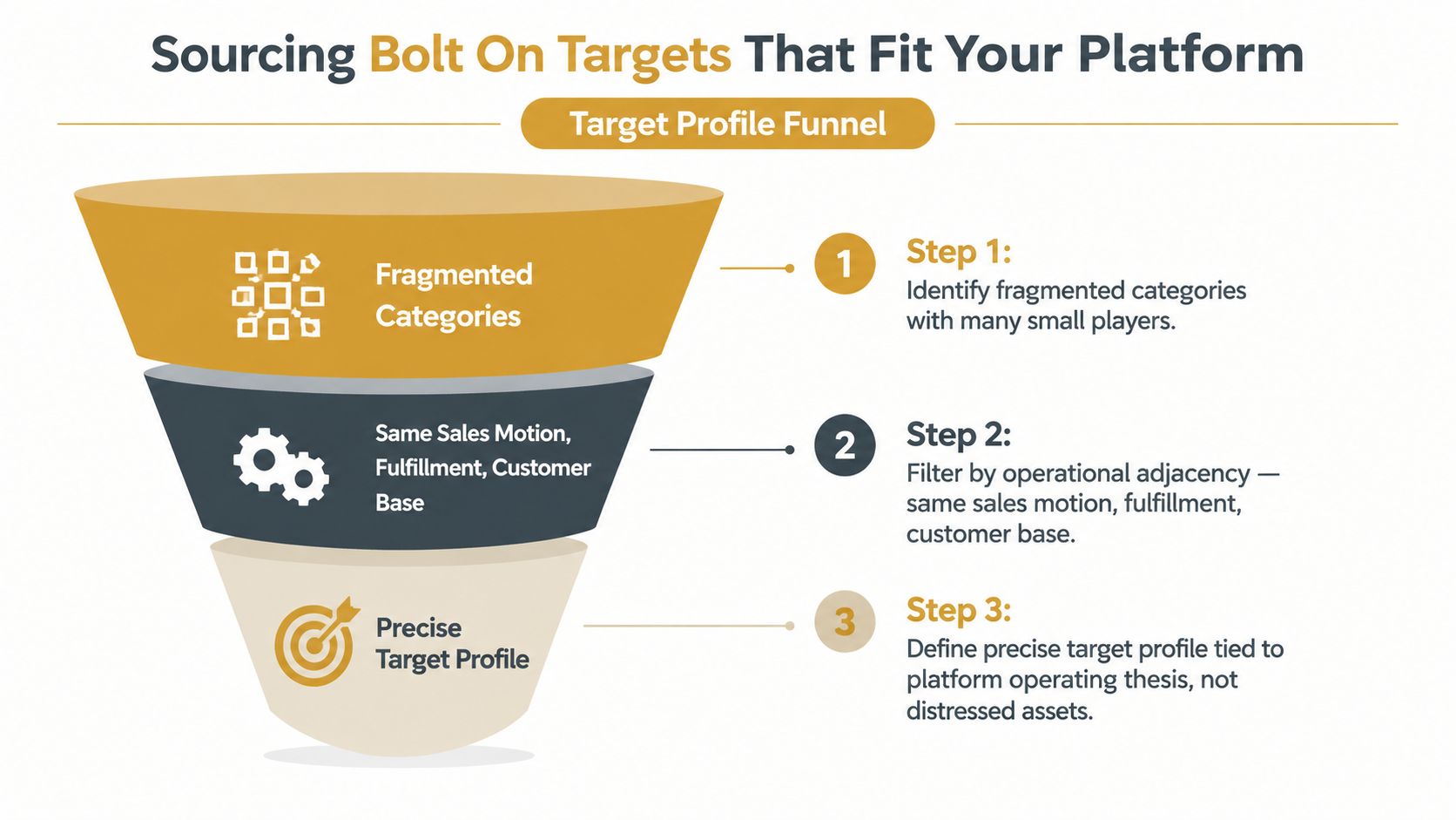 A three-step funnel infographic explaining the strategy for sourcing bolt-on targets that align with a business platform.