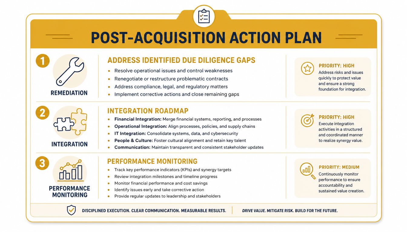 A visual guide outlining the three key steps of a post-acquisition action plan: remediation, integration, and performance monitoring.