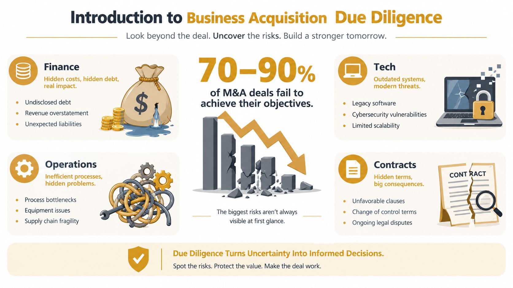 An infographic detailing the importance of due diligence in business acquisitions to mitigate financial, operational, technical, and contractual risks.