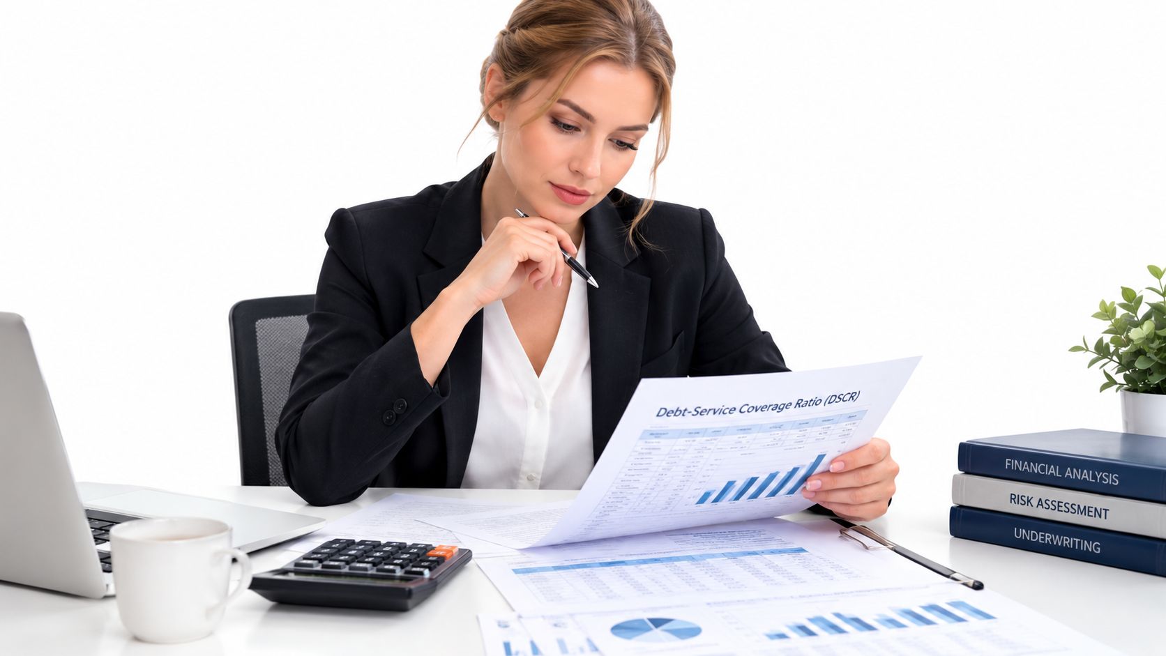 A professional businesswoman in a suit reviewing financial documents and charts at her office desk.