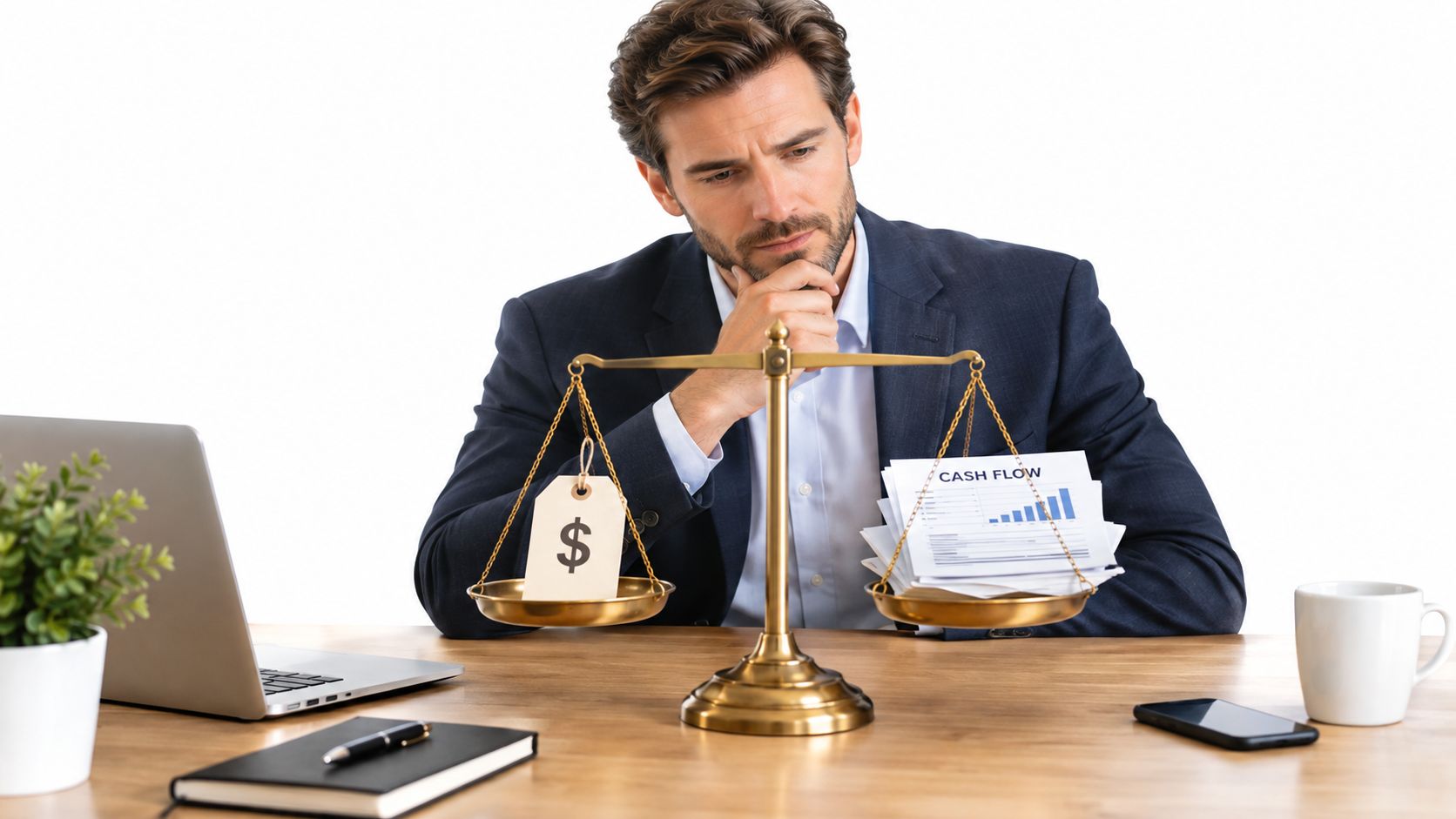 A professional man contemplating a financial scale balancing a dollar sign against cash flow documents.