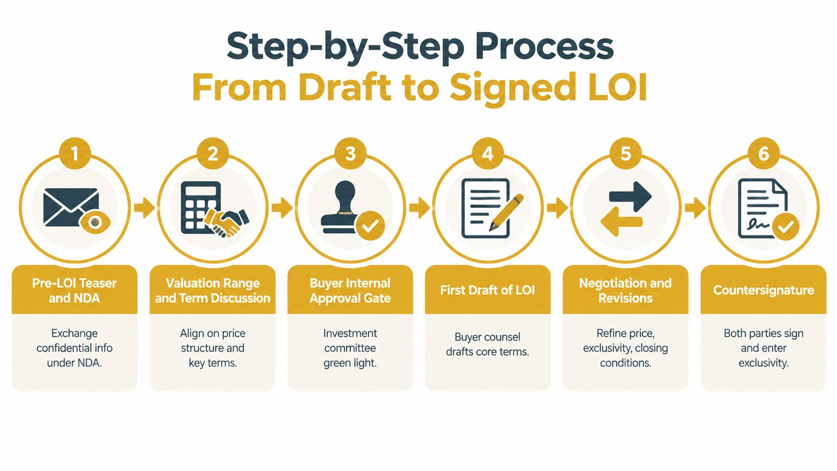 A six-step infographic detailing the process from initial teaser to a signed Letter of Intent (LOI).
