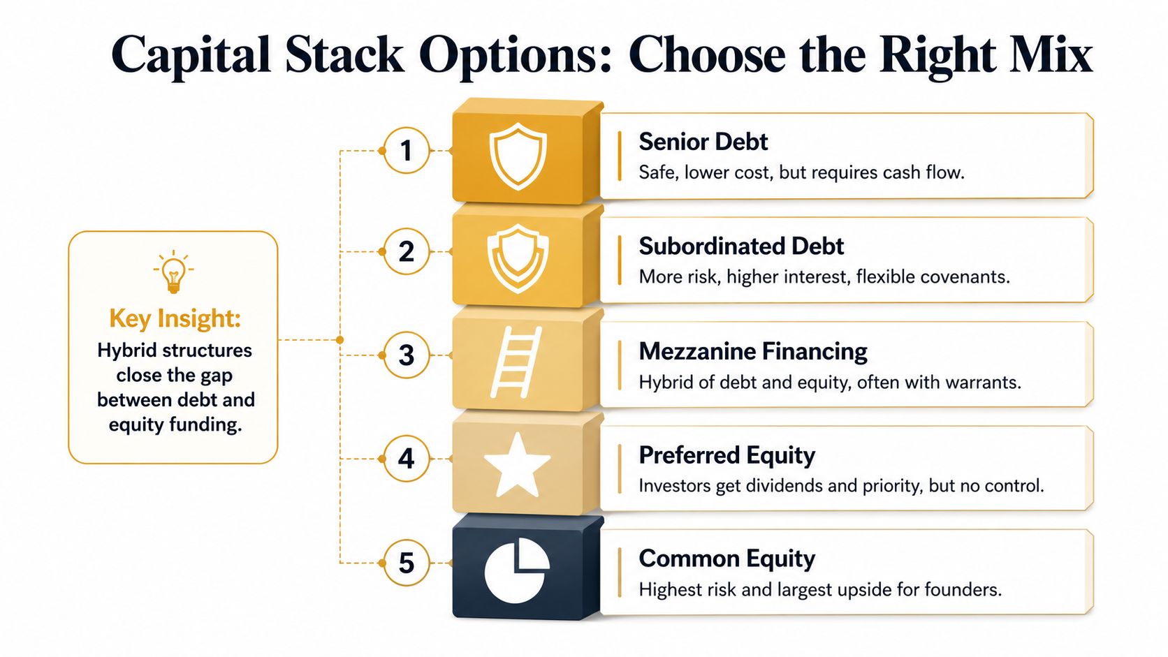 A diagram illustrating the five levels of the capital stack, ranging from senior debt to common equity.