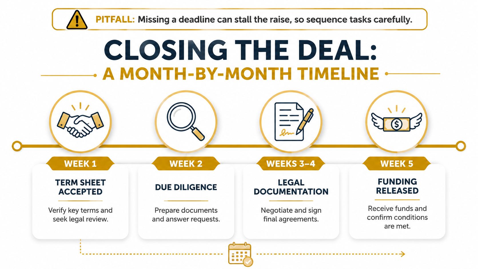 A timeline graphic showing the step-by-step capital raising process from week one through week five.