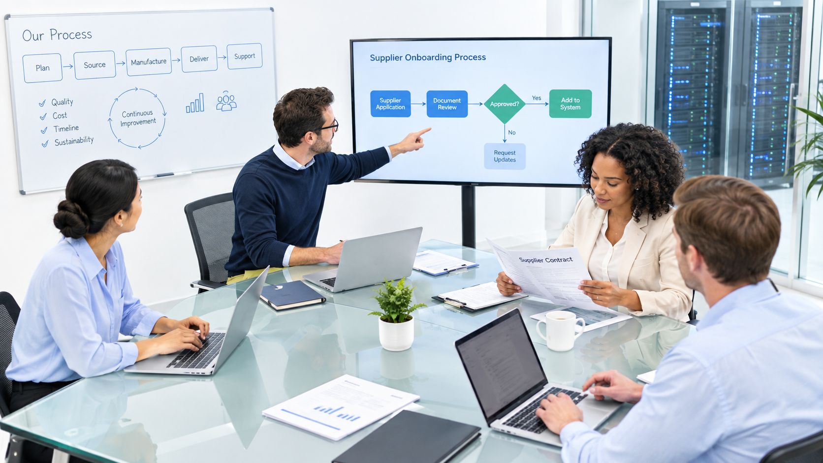 A professional team collaboratively discussing a supplier onboarding process during a meeting in a modern office.