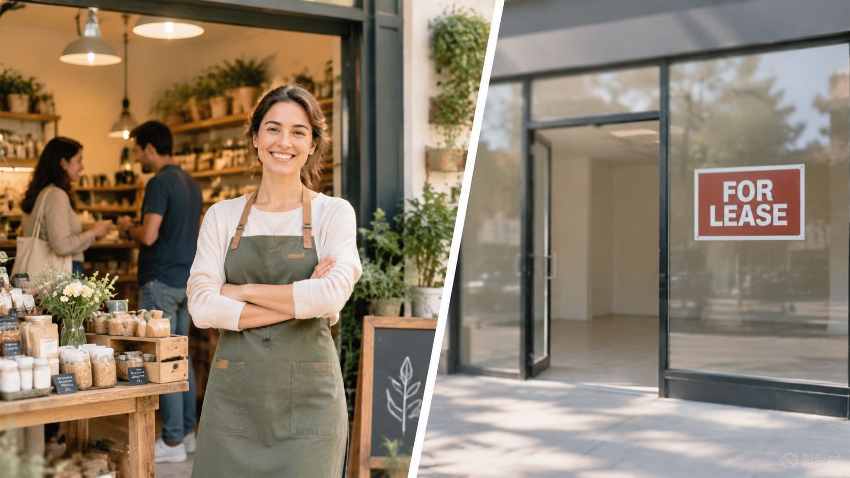 A split-screen comparison showing a bustling small business shop and an empty storefront for lease.