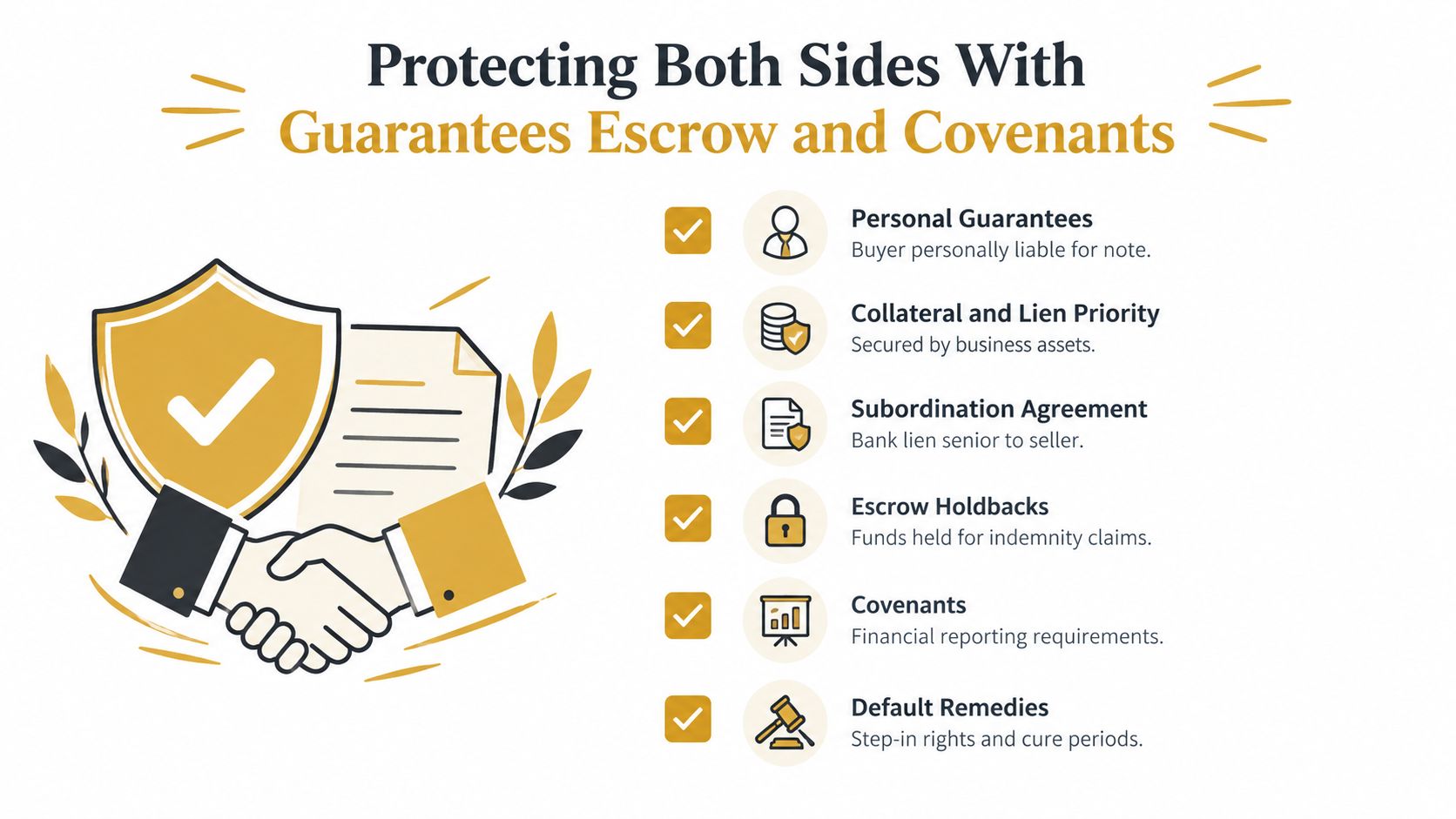 A graphic showing how to protect both sides with guarantees, escrow, and covenants in seller financing.