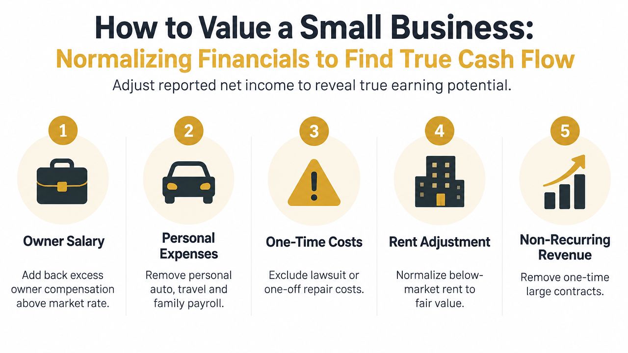 An infographic showing five steps to normalize small business financial statements for true cash flow valuation.